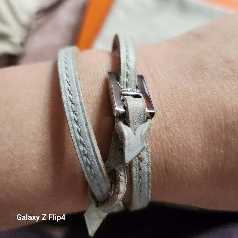 HERMES Tillet Bracelet Leather H Silver Women light baby blue Leather
